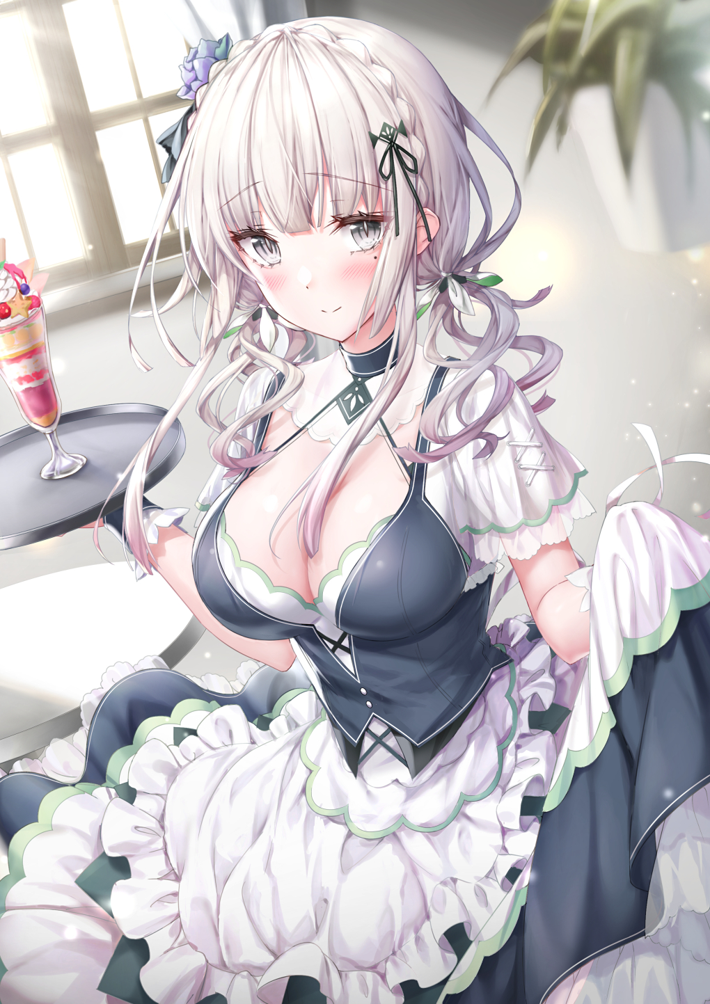 1girl bare_arms blush breasts carrying cleavage clothes_lift dress frilled_dress frilled_skirt frilled_sleeves frills furrowed_brow grey_eyes hair_ornament highres holding holding_tray indoors kyariko large_breasts looking_at_viewer mole mole_under_eye original parfait short_sleeves silver_hair skirt skirt_lift smile standing tray twintails waitress wavy_hair