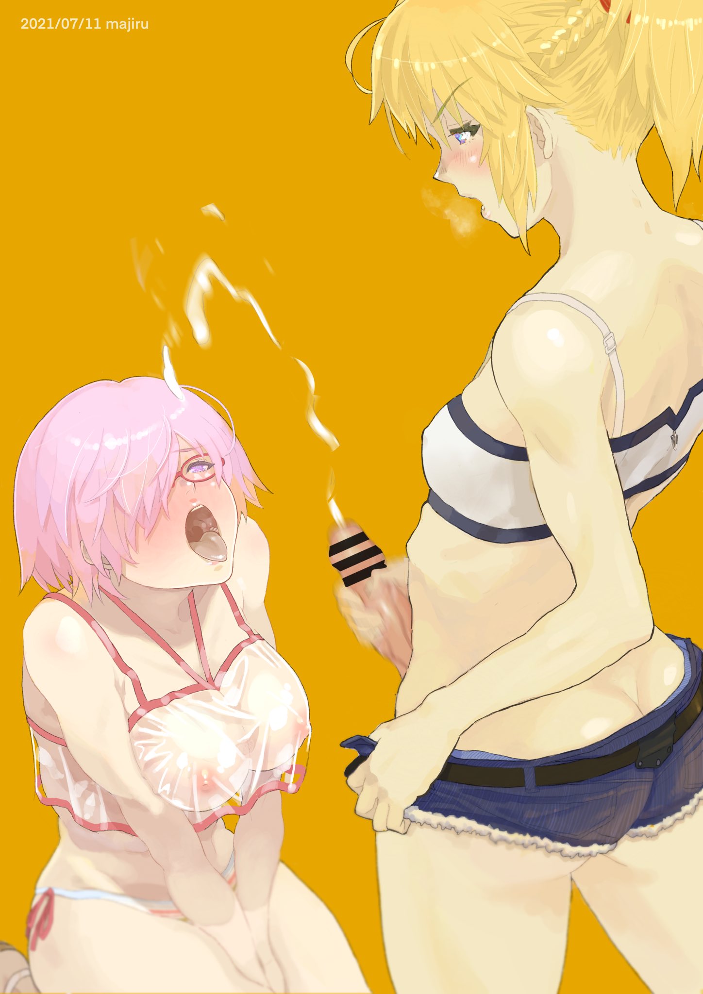 2girls ass back bar_censor belt bikini blonde_hair blue_eyes blush braid breasts breath butt_crack censored cleavage covered_nipples cum denim ejaculation erection eyebrows_visible_through_hair fate/apocrypha fate/grand_order fate_(series) futanari glasses hair_over_one_eye heavy_breathing highres looking_at_another mash_kyrielight masturbation mazarimon mordred_(fate) mordred_(fate/apocrypha) multiple_girls nipples open_mouth penis ponytail purple_eyes purple_hair red_scrunchie scrunchie see-through seiza short_shorts shorts side-tie_bikini sitting small_breasts strapless swimsuit tongue tongue_out tube_top uvula white_bikini