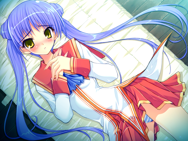 1girl amane_sou ascot bangs blue_ascot blush double_bun dress_shirt eyebrows_visible_through_hair from_above game_cg hime_x_hime long_hair long_sleeves looking_at_viewer lying miniskirt official_art on_back panties parted_lips pleated_skirt purple_hair red_sailor_collar red_skirt sailor_collar shiny shiny_hair shirt skirt solo striped striped_panties takamura_honami twintails underwear very_long_hair white_shirt yellow_eyes