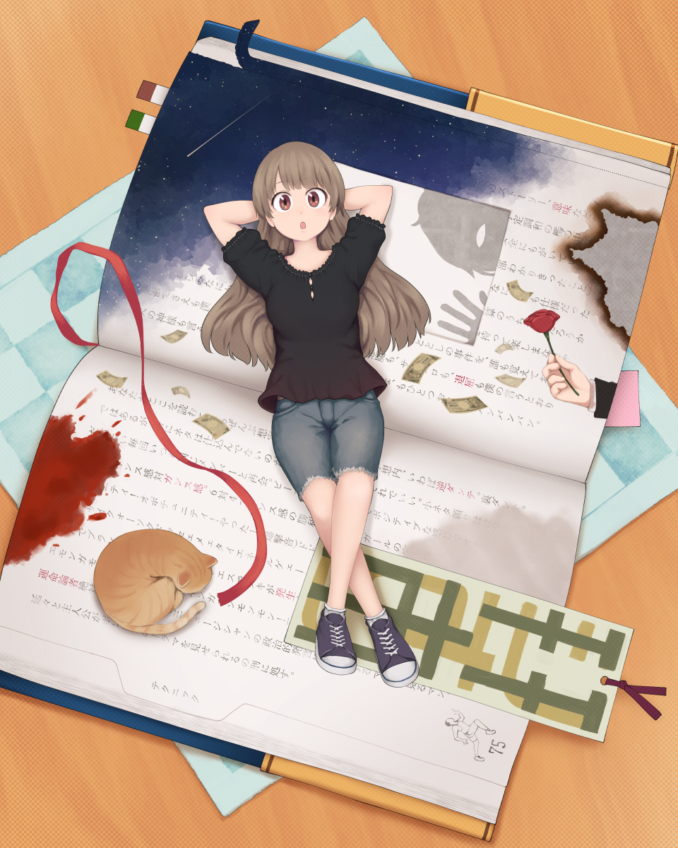 1girl :o animal arms_behind_head blood blood_stain book bookmark brown_eyes brown_hair cat check_commentary commentary_request denim denim_shorts flower highres long_hair lying money night night_sky on_back original oversized_object rose scorch_marks shorts silhouette sky yajirushi_(chanoma)
