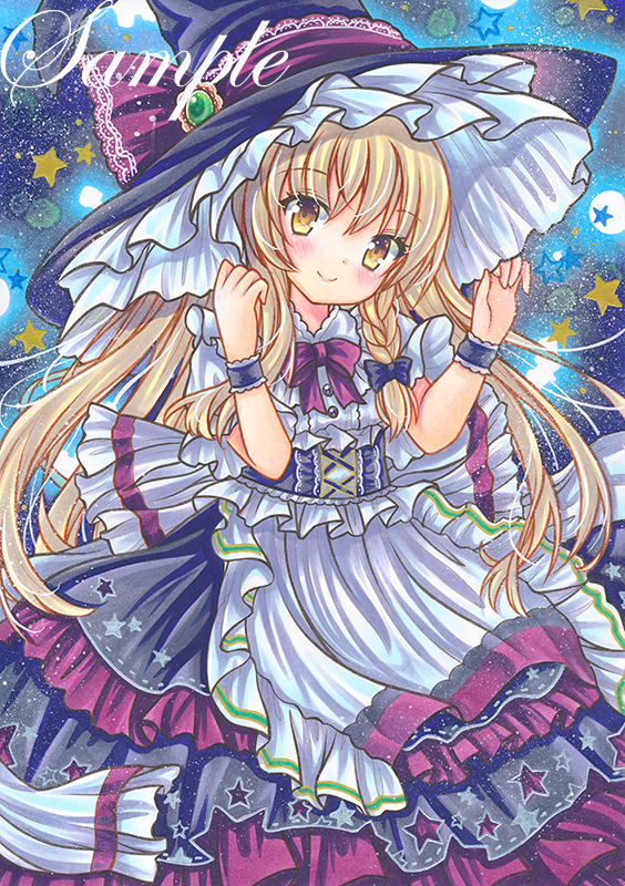 1girl adapted_costume apron bangs black_dress black_headwear blonde_hair blush bow bowtie braid dress eyebrows_visible_through_hair feet_out_of_frame fireflies frilled_apron frilled_cuffs frilled_dress frilled_hat frills green_trim hair_bow hand_on_headwear hands_up hat hat_ornament hat_ribbon head_tilt kirisame_marisa lace-trimmed_ribbon lace_trim layered_dress long_hair looking_at_viewer marker_(medium) purple_bow purple_bowtie purple_dress purple_ribbon ribbon rui_(sugar3) sample single_braid smile solo star_(symbol) star_print starry_background touhou traditional_media two-tone_dress very_long_hair watermark white_apron witch_hat wrist_cuffs yellow_eyes