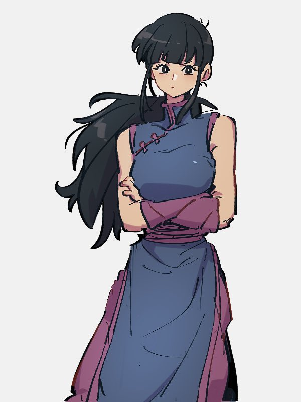 1girl bangs black_eyes black_hair black_outline blue_dress blunt_bangs breasts chi-chi_(dragon_ball) china_dress chinese_clothes closed_mouth commentary_request contrapposto crossed_arms dragon_ball dragon_ball_(classic) dress eyelashes facing_viewer feet_out_of_frame floating_hair grey_background high_collar kemachiku large_breasts long_hair outline pants pink_pants pink_wristband ponytail pout serious shiny shiny_hair side_slit sidelocks sideways_glance simple_background sleeveless sleeveless_dress solo standing v-shaped_eyebrows wristband