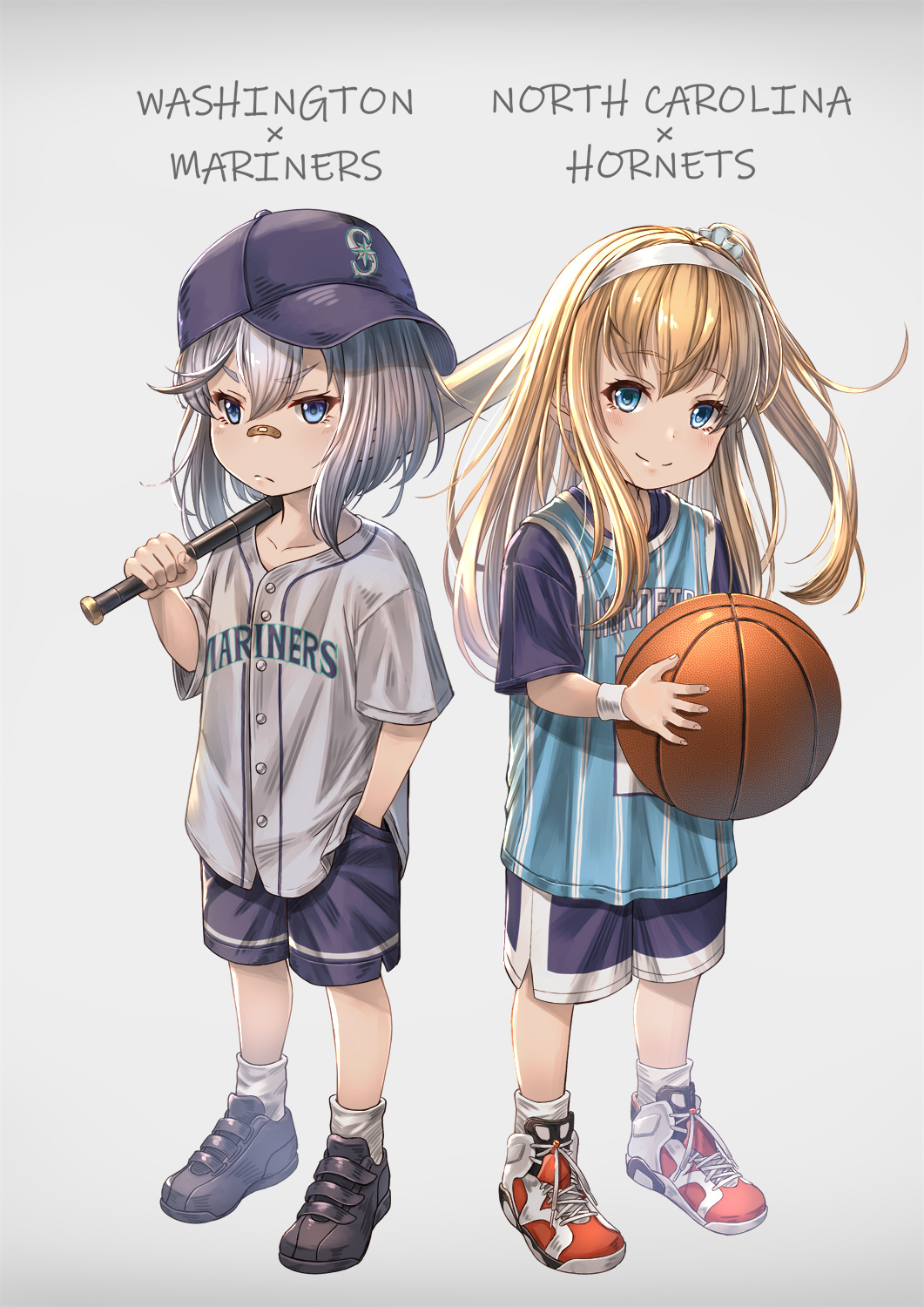 2girls ankle_socks azur_lane bandaid bandaid_on_nose bangs baseball baseball_bat baseball_cap baseball_jersey basketball basketball_jersey black_footwear blonde_hair blue_eyes blue_headwear blue_shirt blue_shorts charlotte_hornets closed_mouth clothes_writing collarbone commentary_request eyebrows_visible_through_hair frown full_body hair_between_eyes hairband hand_in_pocket hat highres holding holding_baseball_bat layered_shirt long_hair looking_at_viewer major_league_baseball multiple_girls name_conscious national_basketball_association north_carolina_(azur_lane) one_side_up over_shoulder partial_commentary red_footwear seattle_mariners shirt shoes short_hair short_sleeves shorts sidelocks sideways_hat silver_hair simple_background smile sneakers standing washington_(azur_lane) white_background white_hairband white_legwear white_shirt wristband yakkuro younger