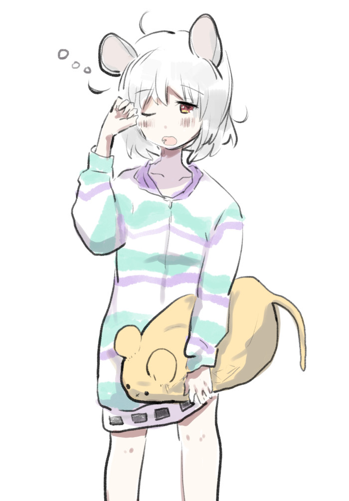 1girl ahoge animal_ears chidori_nekoro commentary_request feet_out_of_frame grey_hair holding holding_stuffed_toy mouse_ears mouse_tail nazrin nightshirt one_eye_closed short_hair sleep_bubble sleepwear sleepy stuffed_animal stuffed_mouse stuffed_toy tail touhou yawning