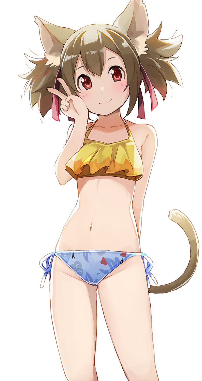 1girl animal_ears bikini cat_ears cat_tail hair_ribbon highres hiroki_(yyqw7151) looking_at_viewer navel red_eyes red_ribbon ribbon short_hair silica silica_(sao-alo) simple_background smile solo standing swimsuit sword_art_online tail thighs twintails white_background