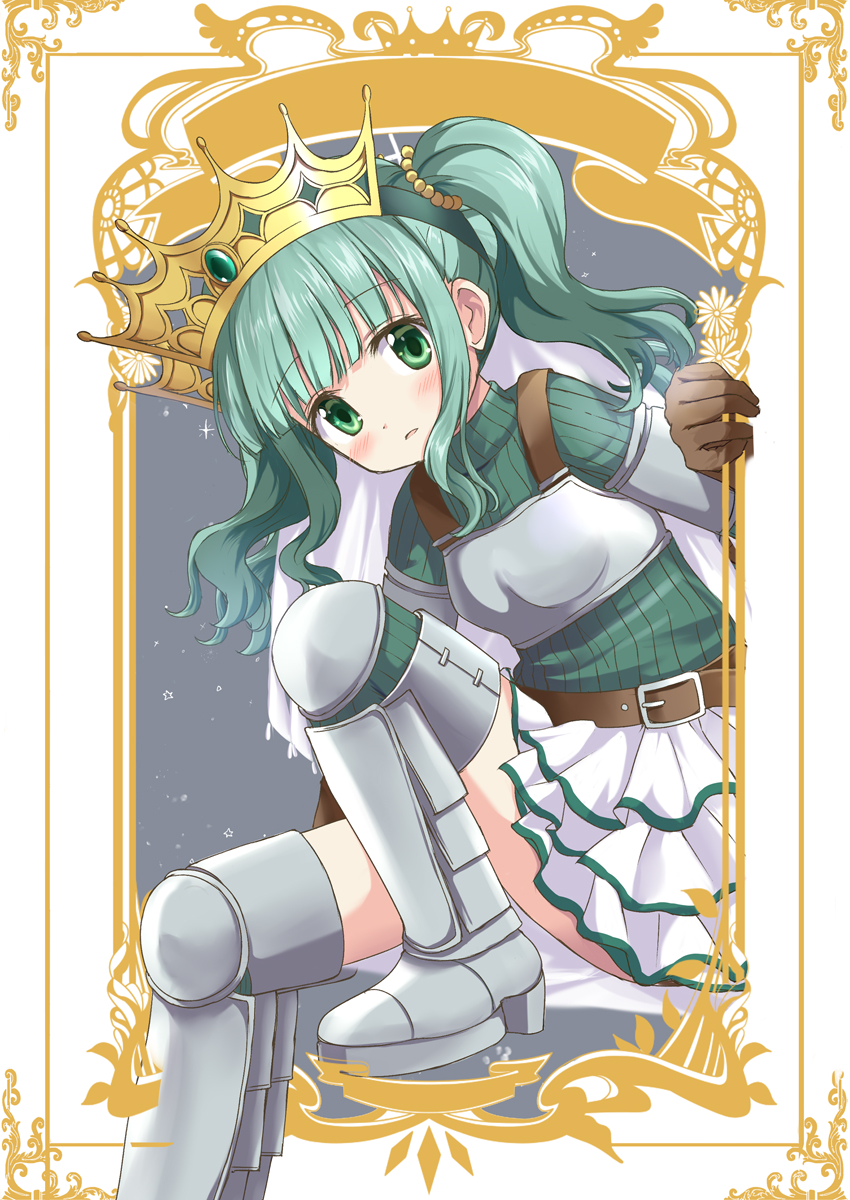 1girl arm_at_side armor armored_boots bangs belt blunt_bangs boobplate boots breastplate breasts brown_belt brown_gloves commentary_request crown daisy dot_nose error expressionless eyebrows_visible_through_hair flower foot_out_of_frame framed futaba_sana gloves green_eyes green_hair green_sweater grey_background hair_bobbles hair_ornament highres knee_pads knee_up layered_skirt leaning_forward light_blush light_particles looking_at_viewer magia_record:_mahou_shoujo_madoka_magica_gaiden mahou_shoujo_madoka_magica parted_lips ribbed_sweater rikopin shiny shiny_hair sidelocks simple_background skirt small_breasts solo sparkle sparkle_background star_(symbol) starry_background sweater tareme thigh_boots thighhighs thighs turtleneck turtleneck_sweater twintails two-tone_background veil wavy_hair white_background white_flower white_skirt
