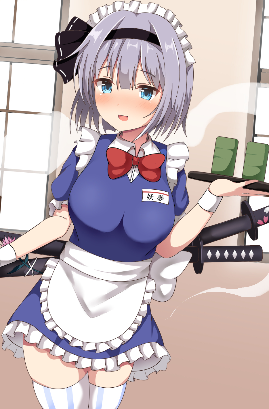 1girl alternate_costume apron bangs black_hairband blue_dress blue_eyes blush bow bowtie breasts collared_shirt commentary_request cup dress enmaided guard_vent_jun hairband highres katana konpaku_youmu konpaku_youmu_(ghost) looking_to_the_side maid maid_apron maid_headdress medium_breasts nose_blush open_mouth puffy_short_sleeves puffy_sleeves red_bow red_bowtie scabbard sheath shirt short_hair short_sleeves shouji silver_hair sliding_doors solo sword teacup thighhighs touhou tray weapon white_legwear white_shirt wing_collar wrist_cuffs