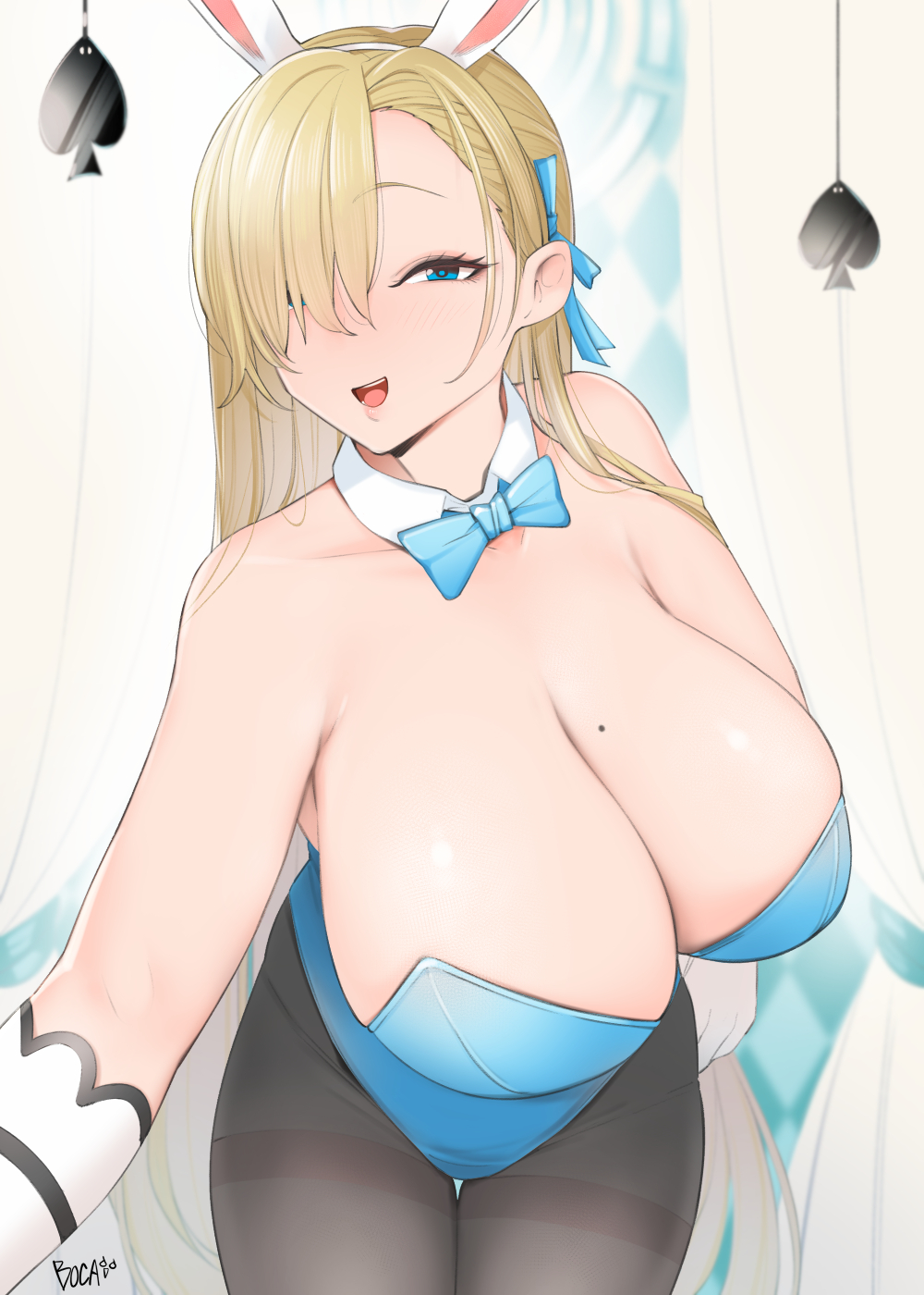 1girl :d a animal_ears asuna_(blue_archive) bare_shoulders black_legwear blonde_hair blue_archive blue_eyes blush boca bow bowtie breasts cleavage commentary detached_collar english_commentary fake_animal_ears gloves hair_over_one_eye highres large_breasts long_hair looking_at_viewer mixed-language_commentary mole mole_on_breast open_mouth pantyhose playboy_bunny rabbit_ears smile solo thighband_pantyhose white_gloves