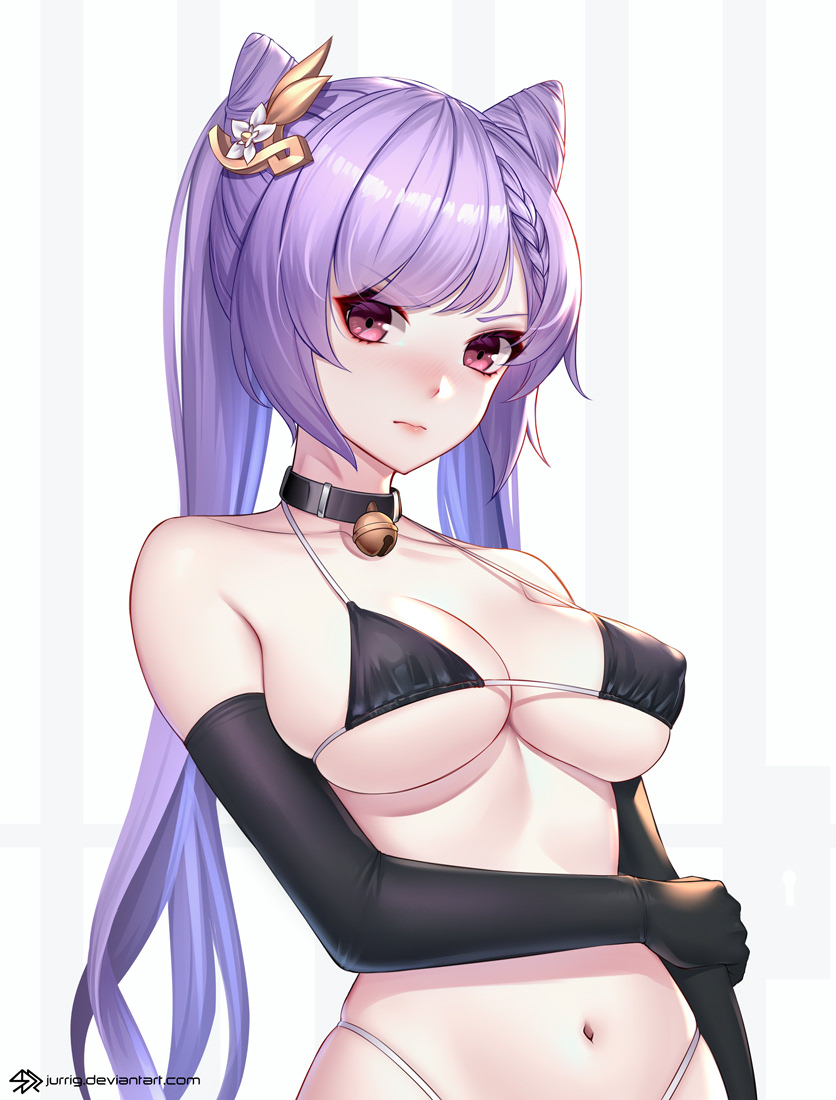 1girl 3: arm_across_waist artist_name bangs bare_shoulders bell bikini black_bikini black_gloves blush braid breasts closed_mouth collar commentary covered_nipples elbow_gloves eyebrows_visible_through_hair flower genshin_impact gloves hair_cones hair_flower hair_ornament hand_on_own_arm jingle_bell jurrig keqing_(genshin_impact) large_breasts long_hair navel neck_bell nose_blush purple_eyes purple_hair skindentation solo strap_gap striped striped_background swimsuit twintails underboob upper_body v-shaped_eyebrows vertical_stripes white_flower