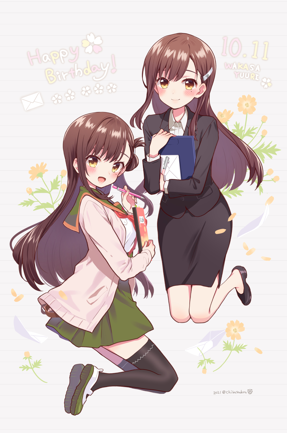 2girls black_jacket black_legwear blue_sailor_collar blue_skirt brown_hair cardigan chiba_sadoru commentary_request dual_persona folded_hair formal full_body gakkou_gurashi! green_skirt hair_ornament hairclip happy_birthday highres jacket long_hair megurigaoka_high_school_uniform multiple_girls neckerchief office_lady pencil_skirt pleated_skirt red_neckerchief sailor_collar school_uniform serafuku shoes skirt skirt_suit spoilers suit suit_jacket thighhighs time_paradox uwabaki wakasa_yuuri