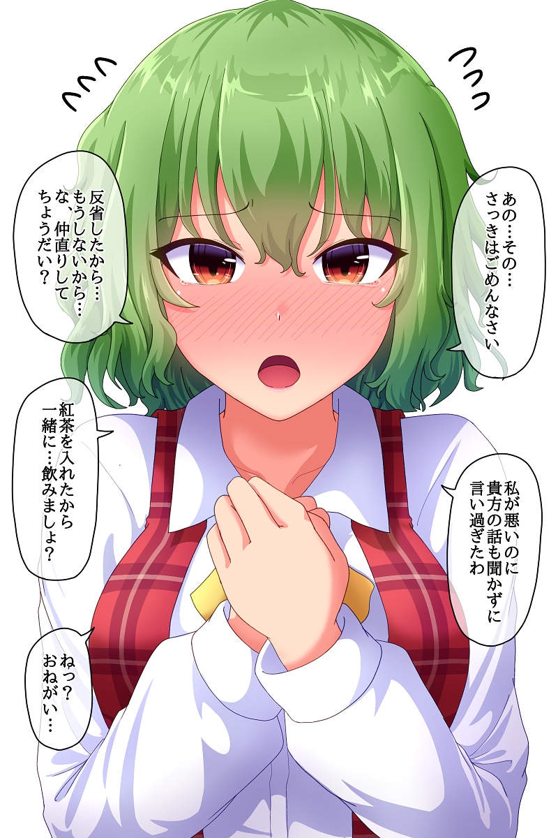 1girl ascot bangs blush breasts collarbone collared_shirt commentary eyebrows_visible_through_hair flying_sweatdrops fusu_(a95101221) green_hair hair_between_eyes hands_on_own_chest highres kazami_yuuka large_breasts long_sleeves nose_blush open_clothes open_mouth open_vest plaid plaid_vest red_eyes red_vest shirt short_hair simple_background solo speech_bubble tearing_up tears touhou translated upper_body vest wavy_hair white_background white_shirt yellow_ascot