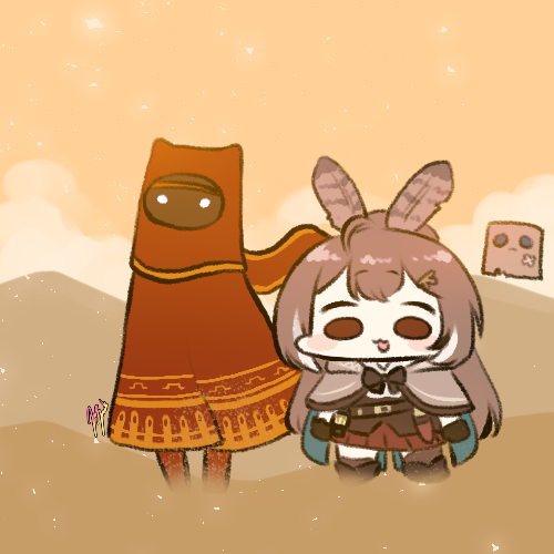 1girl 1other bag bow bowtie brown_eyes brown_hair cape chibi cloud corset crossover desert feather_hair_ornament feathers friend_(nanashi_mumei) hair_ornament hairclip hololive hololive_english jazz_jack journey long_hair lowres mountain nanashi_mumei overalls paper_bag pleated_skirt ponytail robe scarf skirt sky traveler virtual_youtuber