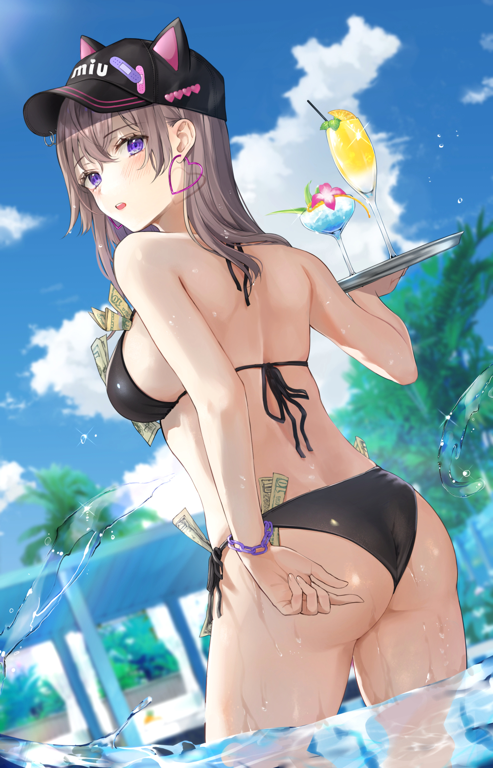 1girl animal_hat ass back bangs baseball_cap bikini black_bikini blush breasts brown_hair cat_hat chain champagne_flute cloud cocktail cocktail_glass cup day drinking_glass drinking_straw earrings eyebrows_visible_through_hair hair_between_eyes halterneck hat heart heart_earrings highres imo_norio jewelry long_hair looking_at_viewer looking_back medium_breasts money open_mouth original outdoors peaked_cap purple_eyes side-tie_bikini sideboob sky solo splashing string_bikini swimsuit tray tropical_drink wading waitress water wet