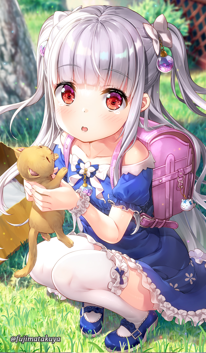 1girl :o animal backpack bag bangs blue_dress blue_footwear blurry blurry_background blush bow cat character_request collarbone commentary_request day depth_of_field dress eyebrows_visible_through_hair frilled_dress frilled_legwear frills fujima_takuya full_body grey_hair hair_bow highres holding holding_animal isekai_ni_tobasaretara_papa_ni_nattandaga long_hair looking_at_viewer off-shoulder_dress off_shoulder outdoors parted_lips puffy_short_sleeves puffy_sleeves randoseru red_eyes shoes short_sleeves solo squatting thighhighs twitter_username two_side_up very_long_hair white_bow white_legwear