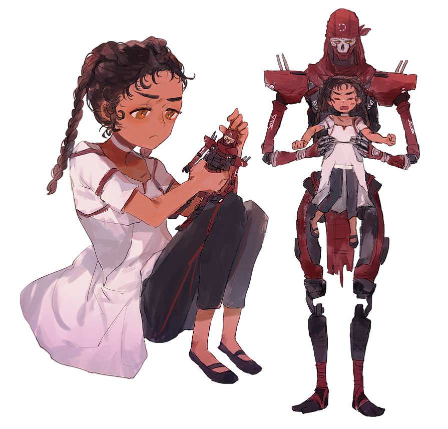 1boy 1girl apex_legends black_pants brown_hair closed_eyes collarbone dark-skinned_female dark_skin dress hair_behind_ear holding holding_toy humanoid_robot lifting_person loba_(apex_legends) looking_down pants revenant_(apex_legends) science_fiction shourou_kanna simulacrum_(titanfall) toy white_dress younger