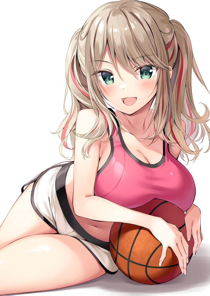 1girl :d armpit_crease bare_arms bare_shoulders basketball breasts brown_hair cleavage collarbone commentary crop_top dolphin_shorts green_eyes highres large_breasts long_hair looking_at_viewer midriff multicolored_hair navel open_mouth original oryou short_shorts shorts sidelocks simple_background sitting sleeveless smile solo sports_bra sportswear stomach streaked_hair tank_top thighs twintails white_background white_shorts yokozuwari