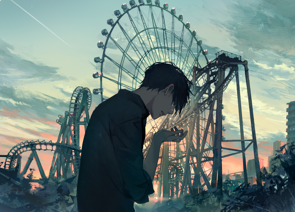 1boy amusement_park bangs black_eyes black_hair black_shirt building cloud cloudy_sky collared_shirt commentary condensation_trail crying crying_with_eyes_open english_commentary evening ferris_wheel grey_sky hand_up jiwataneho looking_away looking_down male_focus open_mouth orange_sky original outdoors roller_coaster shirt short_hair sky solo sunset tears upper_body