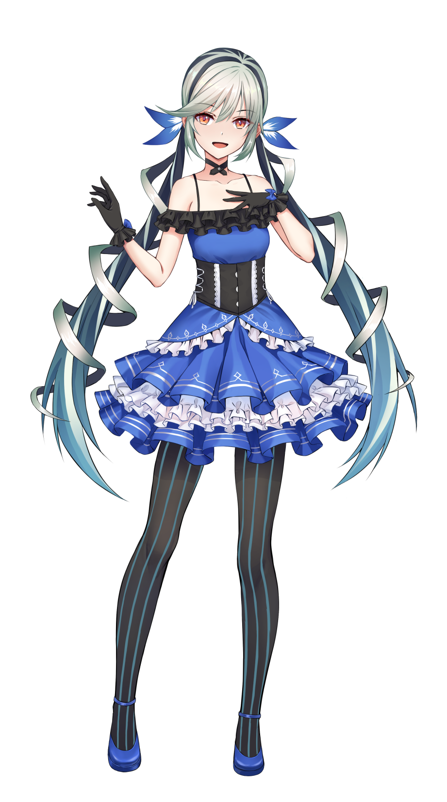 1girl :d bangs black_gloves black_legwear black_ribbon blue_bow blue_dress blue_footwear blue_hair bow choker collarbone dress eyebrows_visible_through_hair floating_hair full_body gloves hair_between_eyes hair_ornament highres layered_dress long_hair looking_at_viewer multicolored_hair open_mouth orange_eyes original pantyhose pumps ribbon ribbon_choker short_dress silver_hair simple_background sion_(9117) sleeveless sleeveless_dress smile solo standing striped striped_legwear tachi-e twintails two-tone_hair underbust vertical-striped_legwear vertical_stripes very_long_hair white_background