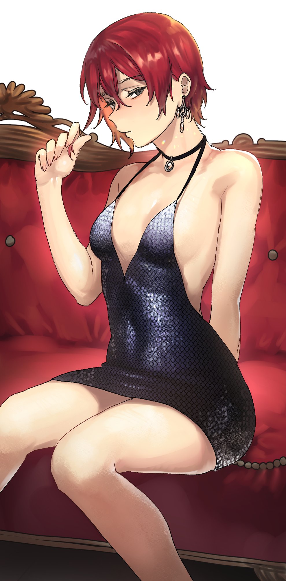 1girl bare_legs bare_shoulders black_choker blush breasts choker cleavage couch dress earrings grey_eyes hair_twirling han_soo-min_(hanny) hanny_(uirusu_chan) highres jewelry looking_at_viewer navel no_bra original plunging_neckline red_hair short_dress short_hair simple_background sitting small_breasts solo spaghetti_strap tekken