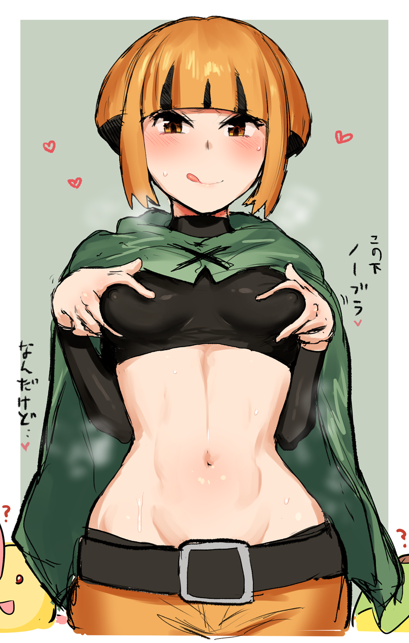 1girl :q bangs belt black_belt black_hair blunt_bangs blush breasts cherrim cherrim_(sunshine) closed_mouth commentary_request covered_nipples crop_top eyelashes gardenia_(pokemon) hands_up heart highres ichigai_(hayawossan) midriff multicolored_hair navel orange_eyes orange_hair pokemon pokemon_(game) pokemon_dppt poncho shiny shiny_skin short_hair shorts smile solo sweat tongue tongue_out translated turtwig two-tone_hair