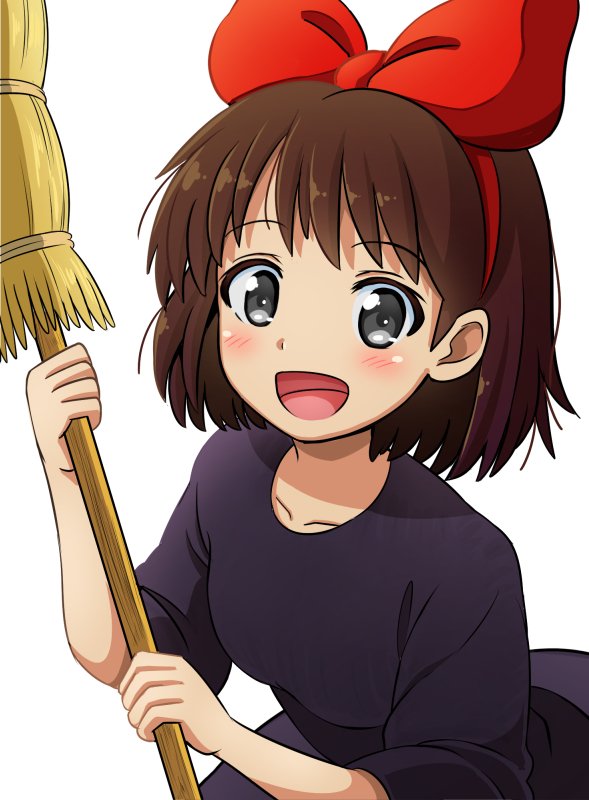 1girl black_dress black_eyes bow breasts broom brown_hair dress hair_bow hairband kayama_kenji kiki looking_at_viewer majo_no_takkyuubin open_mouth red_bow short_hair simple_background smile solo white_background