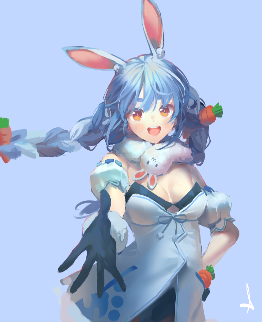 1girl animal_ear_fluff animal_ears bare_shoulders blue_background blue_gloves blue_hair blush breasts carrot carrot_hair_ornament cleavage detached_sleeves food-themed_hair_ornament gloves hair_ornament hand_on_hip hololive light_blue_hair long_hair looking_at_viewer multicolored_hair orange_eyes pocket puffy_sleeves rabbit_ears reaching_out shijohane signature simple_background smile solo teeth tongue twintails upper_teeth usada_pekora virtual_youtuber white_hair