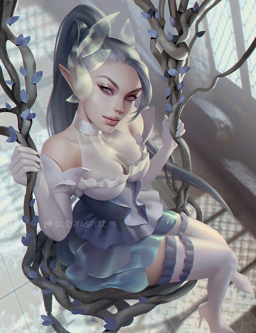 bare_shoulders blue_dress dress elbow_gloves gloves green_hair grey_eyes hair_ornament high_heels indoors league_of_legends lips looking_at_viewer olesyaspitz plant pointy_ears ponytail sitting swing thighhighs vines white_gloves white_legwear window zyra