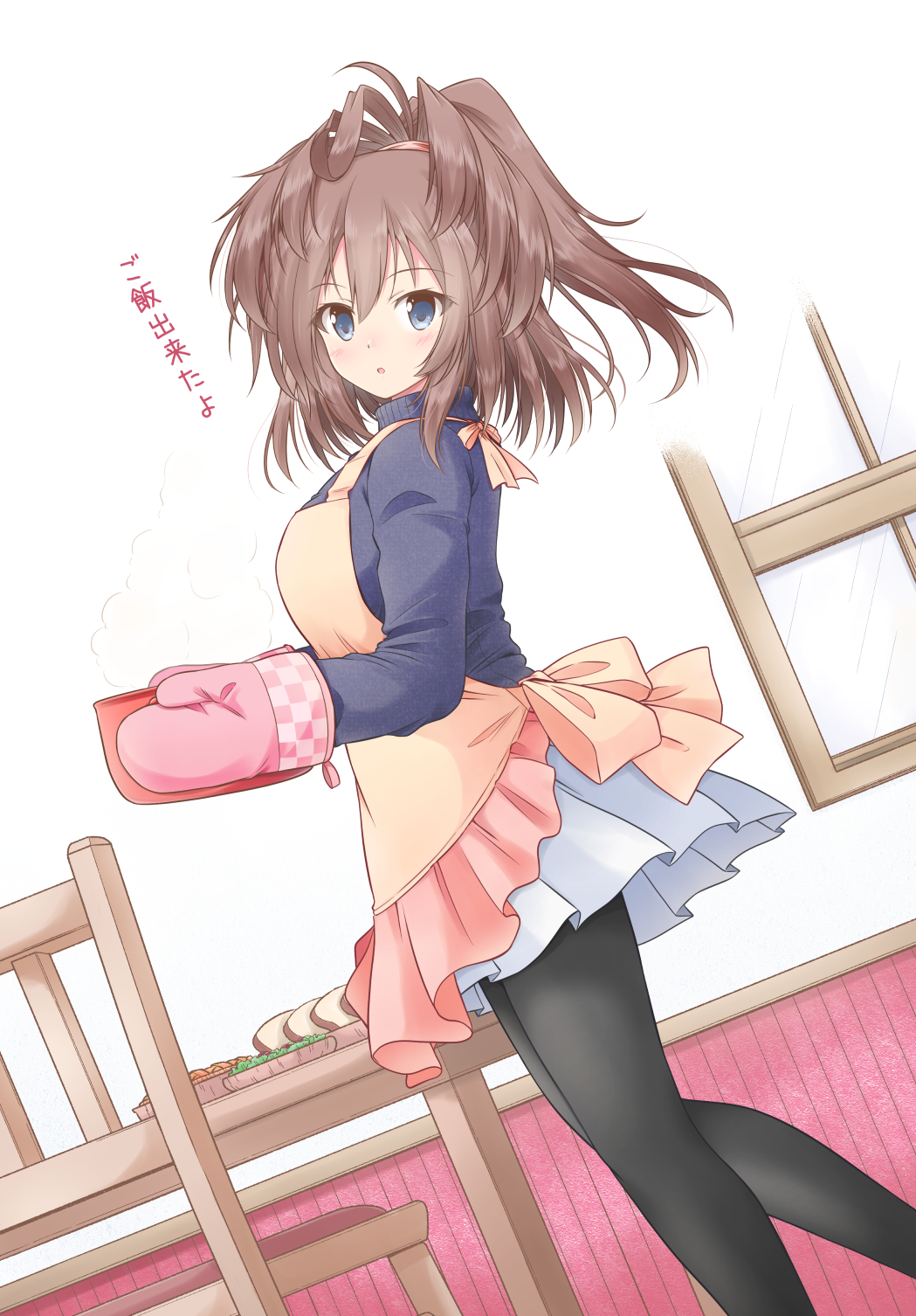 1girl alternate_costume apron black_legwear blue_eyes blue_sweater brown_hair food highres holding icesherbet kantai_collection long_hair long_sleeves messy_hair miniskirt oven_mitts pantyhose pleated_skirt sheffield_(kancolle) skirt solo sweater translated white_skirt yellow_apron