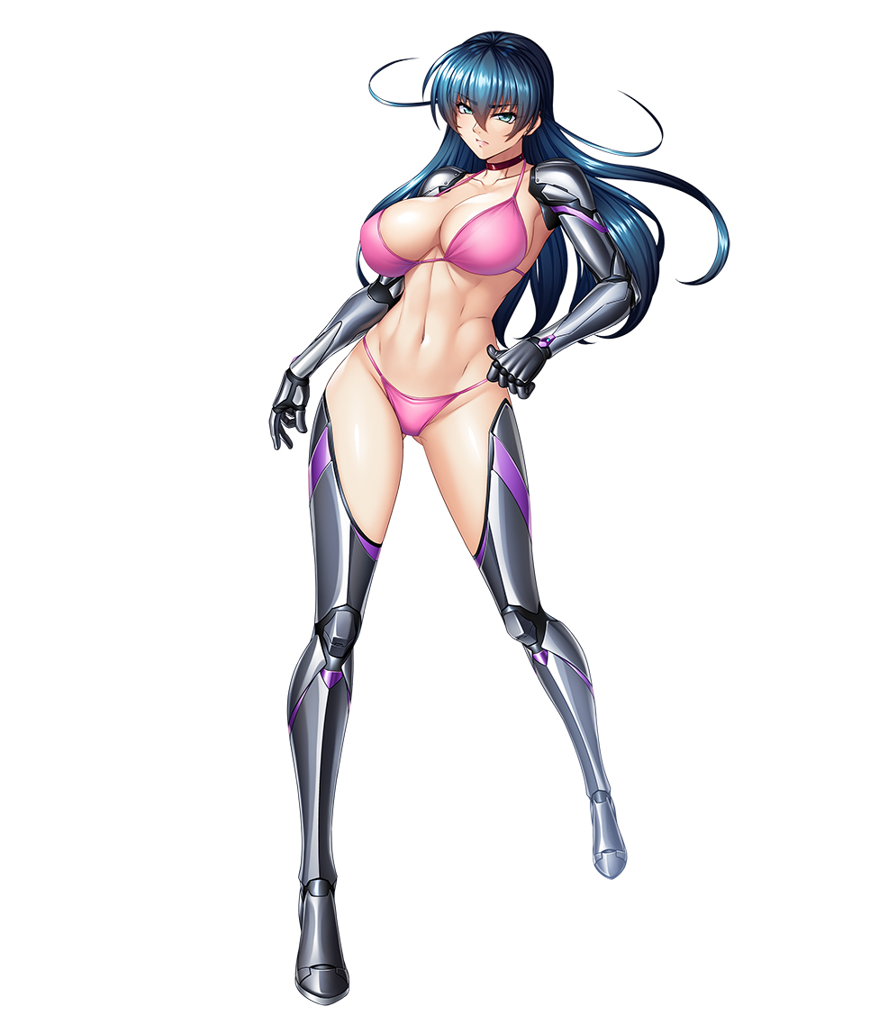 1girl bangs bikini blue_hair breasts choker cleavage collarbone full_body g-string green_eyes igawa_asagi large_breasts long_hair looking_at_viewer mechanical_arms mechanical_legs navel official_art solo swimsuit taimanin_(series) taimanin_asagi taimanin_rpgx thong zol