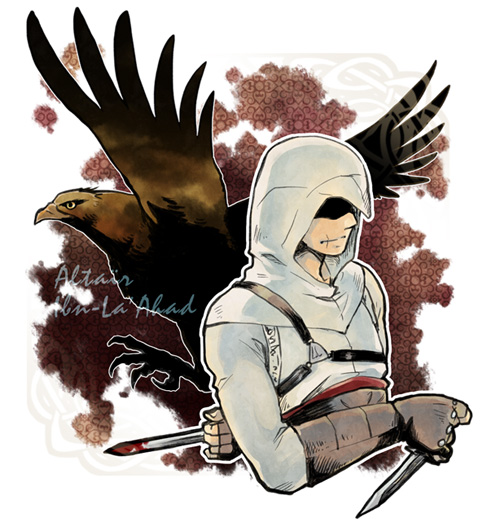 1boy altair_ibn_la-ahad animal arm_behind_back assassin's_creed assassin's_creed_(series) bird blood blood_on_weapon brown_gloves character_name commentary dagger eagle english_text fingerless_gloves gloves hidden_blade holding holding_dagger holding_weapon hood hood_up jacket knife long_sleeves male_focus outline sash shaded_face solo standing tatsuri_(forest_penguin) upper_body weapon white_jacket white_outline