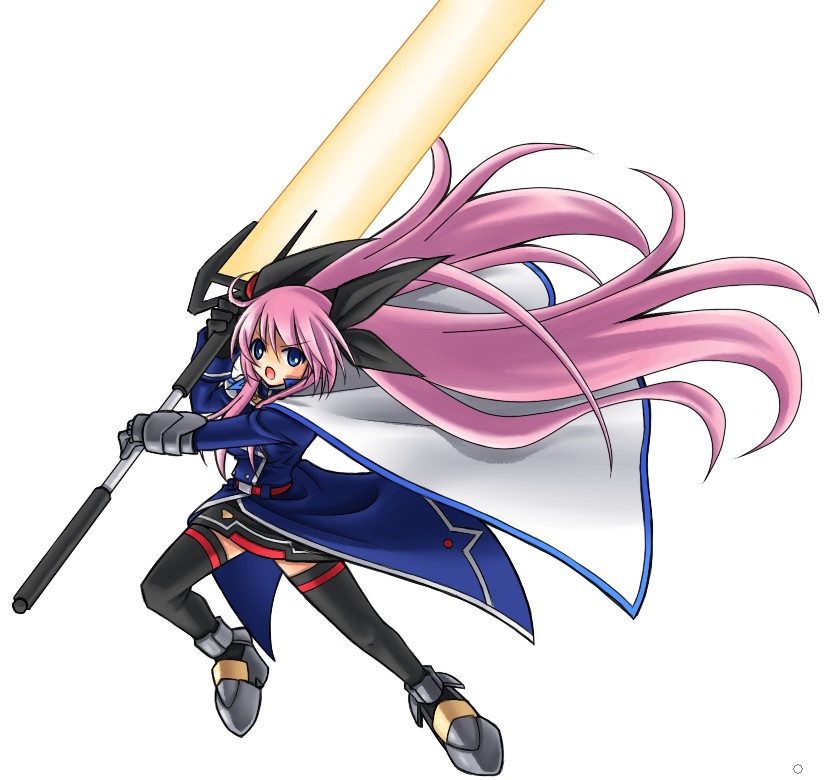 1girl alternate_costume armored_shoes bangs bardiche black_bow black_legwear black_skirt blue_coat blue_eyes bow cape coat commentary cosplay energy_sword eyebrows_visible_through_hair fate_testarossa fate_testarossa_(cosplay) full_body gauntlets hair_bow holding holding_sword holding_weapon huge_weapon long_hair looking_at_viewer lyrical_nanoha mahou_shoujo_lyrical_nanoha_strikers megurine_luka open_mouth pink_hair sakakura_(sariri) simple_background skirt solo sword thighhighs v-shaped_eyebrows vocaloid weapon white_background white_cape