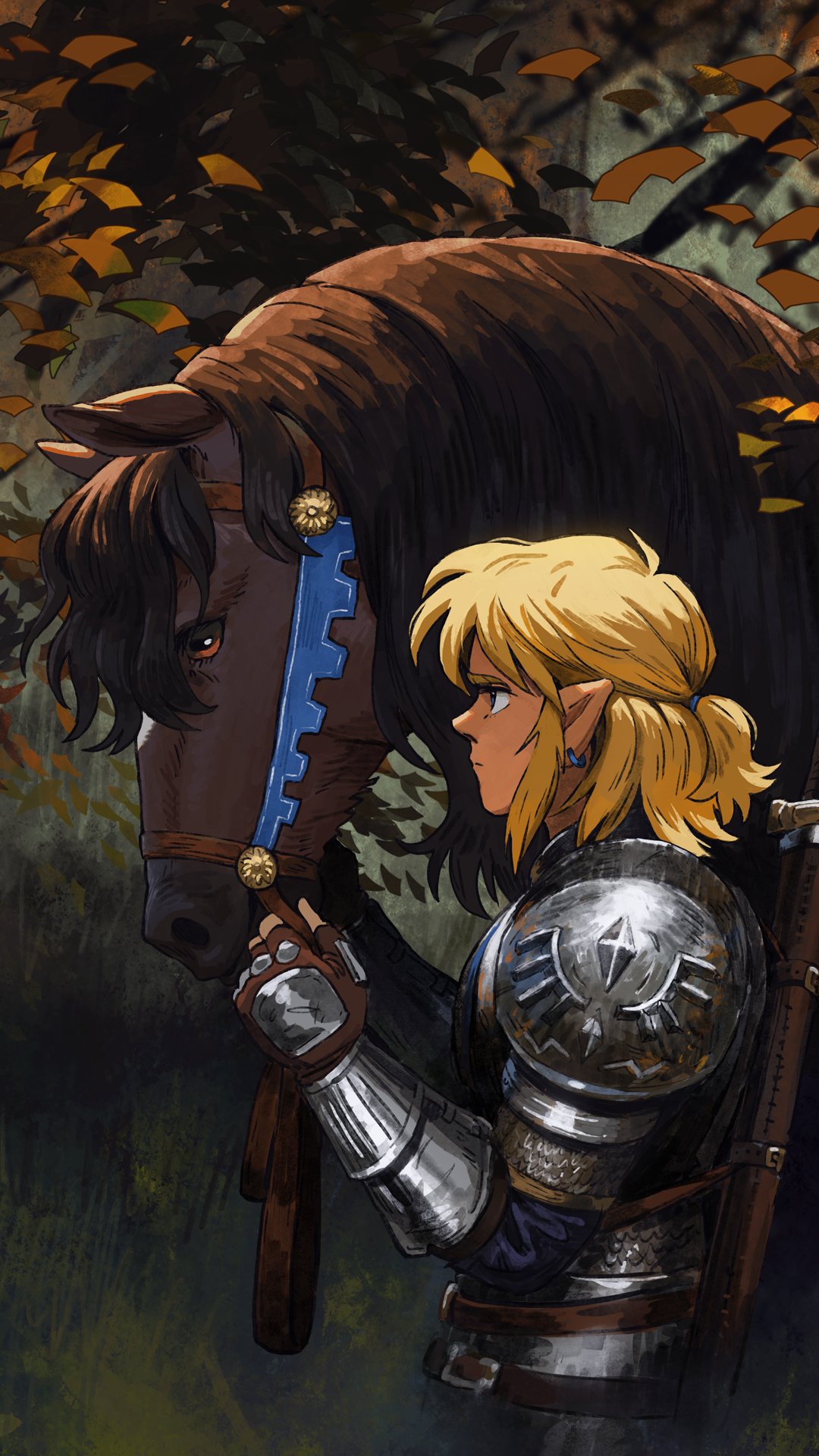 1boy animal armor bangs blonde_hair brown_gloves closed_mouth commentary earrings english_commentary epona fingerless_gloves from_side gloves hand_up highres horse jewelry link looking_at_animal male_focus malin_falch outdoors pointy_ears profile scale_armor shiny shoulder_armor sitting the_legend_of_zelda the_legend_of_zelda:_breath_of_the_wild tree