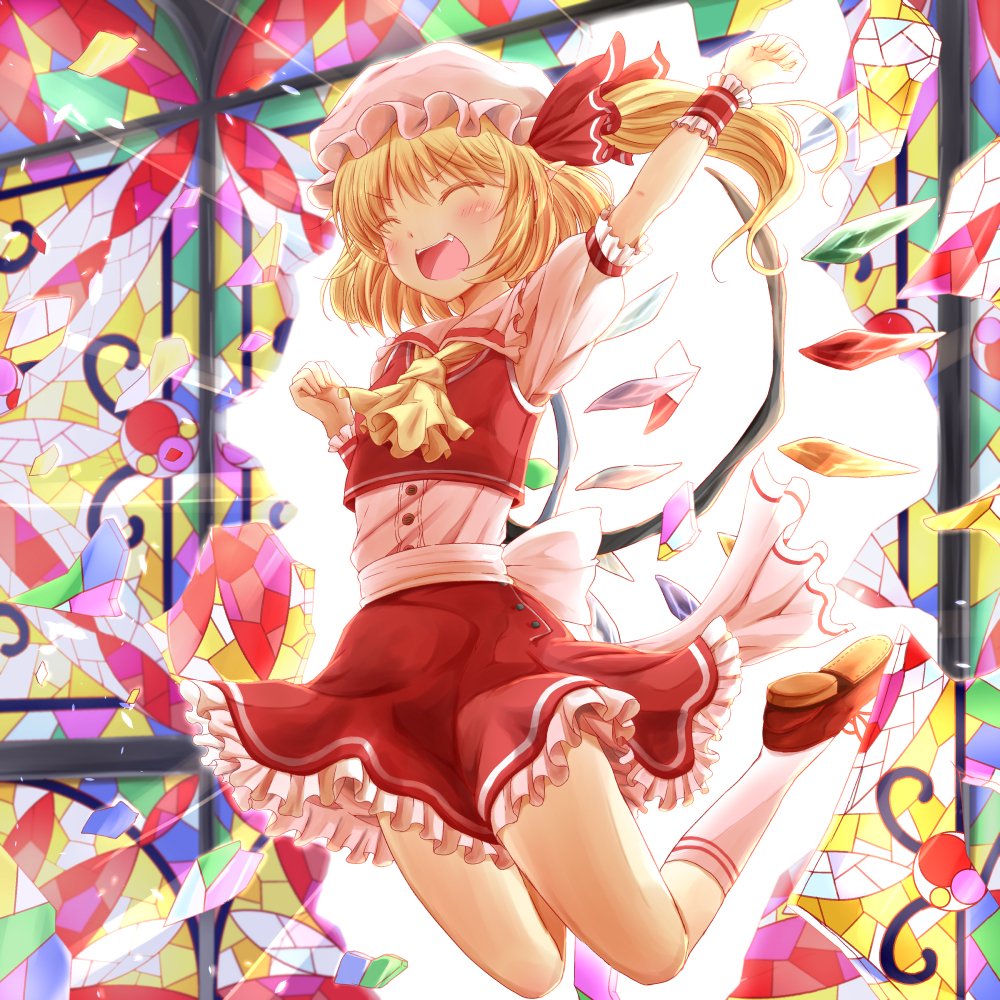1girl ^_^ arm_up ascot bangs blonde_hair blush bow broken_window buttons closed_eyes collared_shirt commentary_request crystal eyebrows_visible_through_hair fang flandre_scarlet folded_leg frilled_shirt_collar frilled_skirt frills hair_bow happy hat mary_janes mob_cap open_mouth puffy_short_sleeves puffy_sleeves red_bow red_footwear red_skirt red_vest shards shirt shoes short_sleeves side_ponytail skirt socks solo stained_glass tamasan thighs touhou v-shaped_eyebrows vest white_legwear white_shirt window wing_collar wings wrist_cuffs yellow_ascot