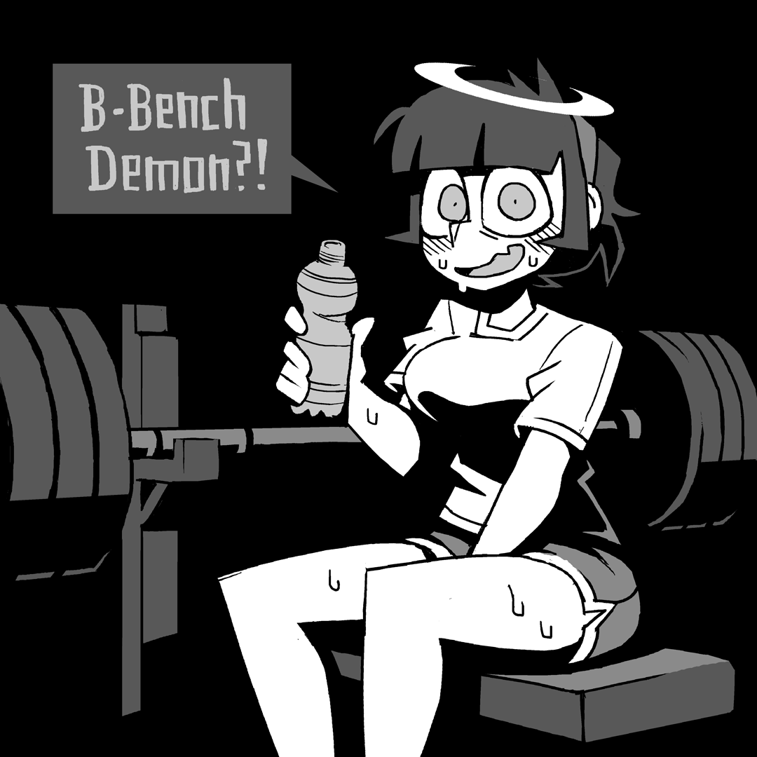 1girl alternate_costume angel azazel_(helltaker) bangs bench black_background black_hair blush bottle commentary english_text greyscale gym_uniform halo helltaker long_hair looking_at_viewer monochrome open_mouth shirt short_hair short_sleeves sitting solo sweat vanripper weights