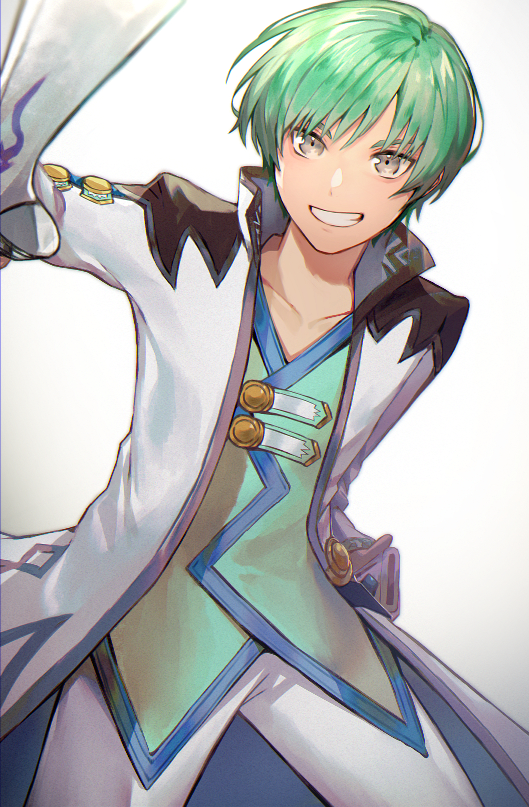 1boy asbel_lhant asbel_lhant_(cosplay) belt coat collarbone commentary cosplay green_hair grey_eyes highres holding holding_sword holding_weapon male_focus pants penguu_(green528) sheath shirt smile solo spada_belforma standing sword tales_of_(series) tales_of_graces tales_of_innocence unsheathed weapon