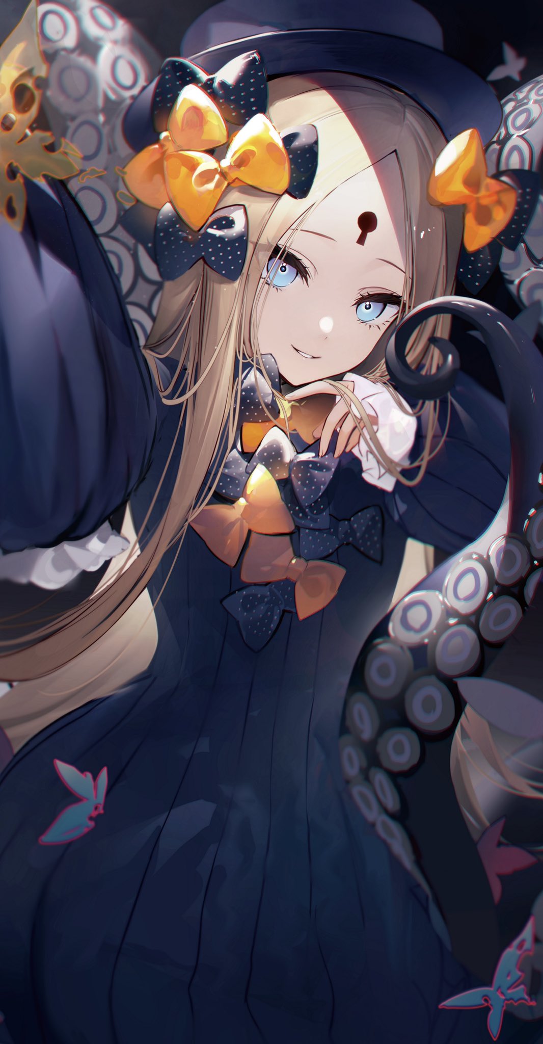 1girl abigail_williams_(fate) bangs black_bow black_dress black_headwear blonde_hair blue_butterfly blue_eyes bow bug butterfly commentary dress english_commentary fate/grand_order fate_(series) hair_bow hand_up hat highres hoojiro keyhole long_hair long_sleeves looking_at_viewer multiple_bows multiple_hair_bows orange_bow outstretched_arm parted_bangs parted_lips polka_dot polka_dot_bow reaching_out selfie sleeves_past_wrists smile solo top_hat