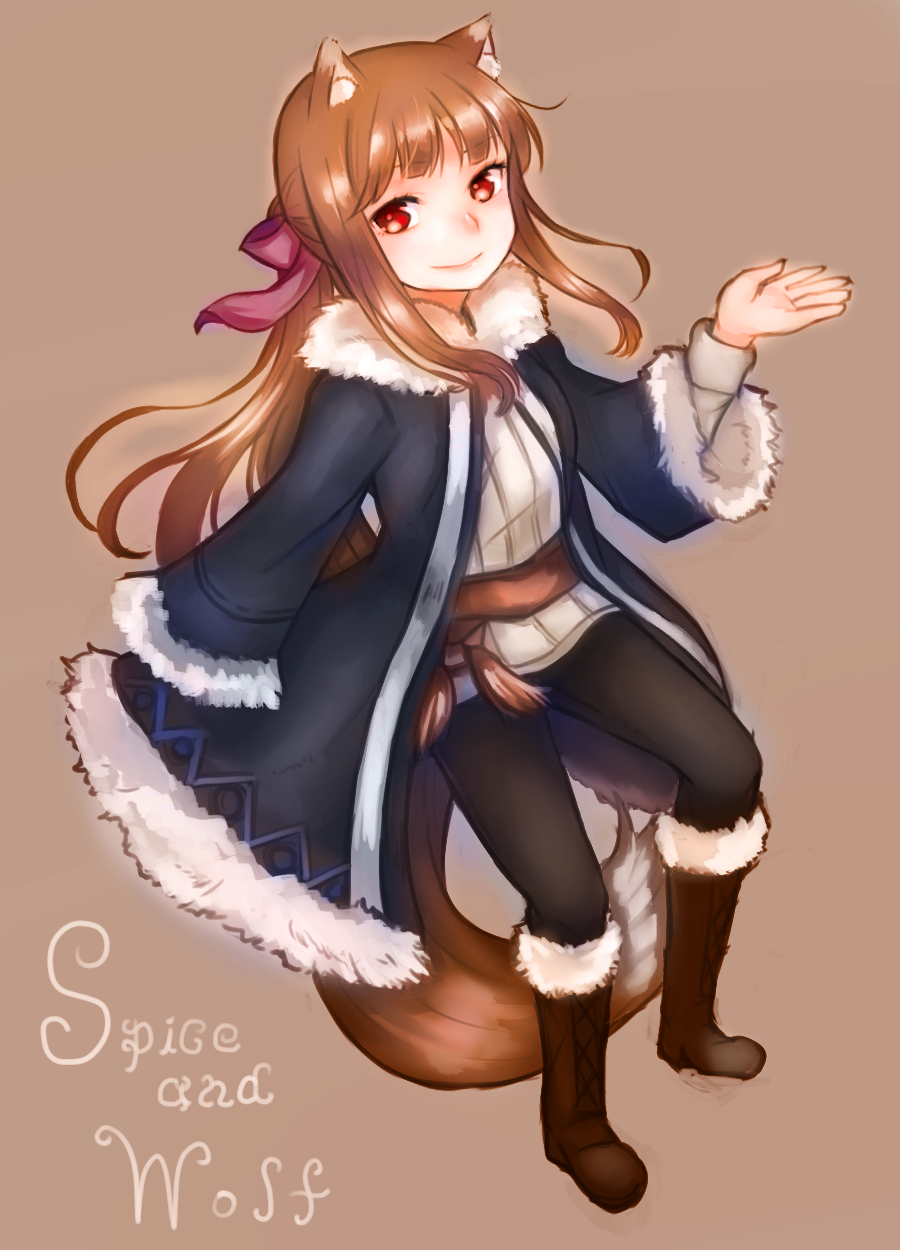 1girl animal_ears black_coat black_pants boots brown_background brown_footwear brown_hair coat copyright_name floating_hair full_body fur-trimmed_boots fur-trimmed_coat fur_trim hair_ribbon highres holo invisible_chair long_hair looking_at_viewer mayumura_basako open_clothes open_coat pants purple_ribbon red_eyes ribbon shiny shiny_hair sidelocks sitting smile solo spice_and_wolf tail very_long_hair wolf_ears wolf_tail