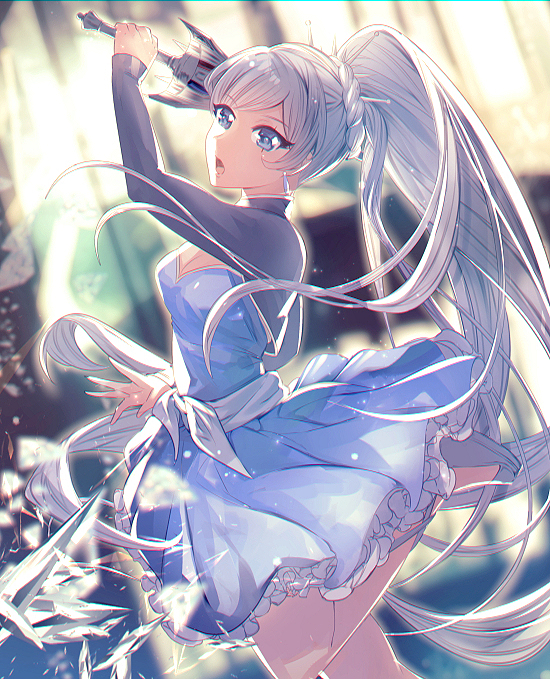 1girl bangs blue_dress blue_eyes dress earrings floating_hair high_ponytail holding holding_sword holding_weapon jewelry leg_up long_hair looking_at_viewer open_mouth rwby short_dress shrug_(clothing) silver_hair slee sleeveless sleeveless_dress solo standing standing_on_one_leg strapless strapless_dress swept_bangs sword very_long_hair weapon weiss_schnee