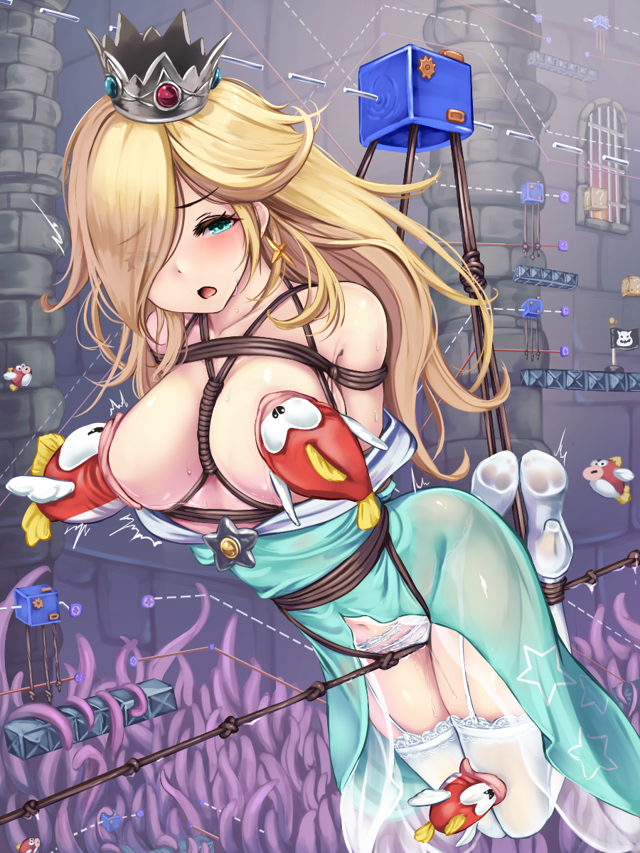 1girl :o aqua_dress aqua_eyes arms_behind_back ass bdsm between_breasts blonde_hair bondage bound bowser_logo breasts cheep_cheep cleavage commentary crotch_rope crown dress earrings eyes_visible_through_hair fish flag full_body gem high_heels highres jewelry lace-trimmed_legwear lace_trim large_breasts long_dress mario_(series) monikano navel open_mouth panties platform pussy_juice rope rosalina shibari solo star_(symbol) star_earrings star_print super_mario_galaxy tentacles thighhighs thighs tilted_headwear tower underwear white_panties