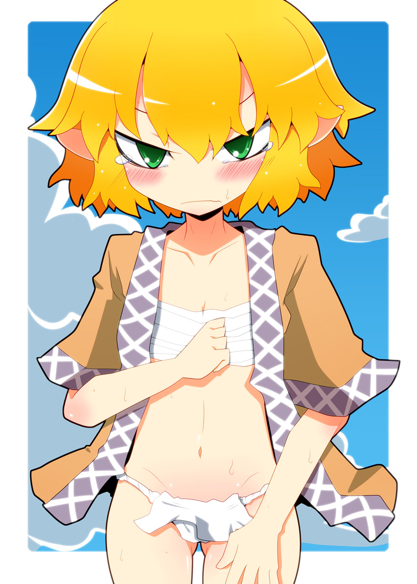 1girl 221_(tsutsuichi) bangs blonde_hair blue_sky blush breasts brown_jacket closed_mouth cloud commentary_request cowboy_shot frown fundoshi green_eyes hair_between_eyes jacket japanese_clothes looking_at_viewer mizuhashi_parsee multicolored_clothes multicolored_jacket navel open_clothes open_jacket pointy_ears sarashi short_hair short_sleeves sky small_breasts solo tearing_up touhou