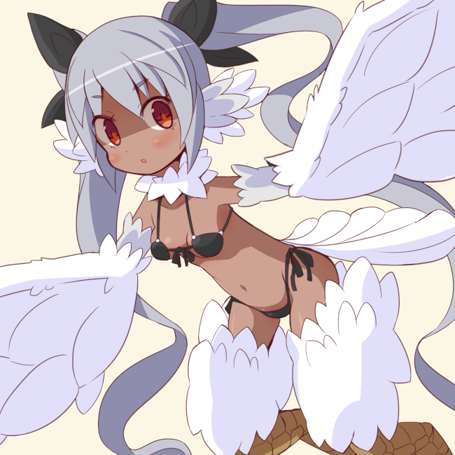 1girl bangs beige_background bikini bird_legs black_bikini blush breasts commentary_request dark-skinned_female dark_skin eyebrows_visible_through_hair feathered_wings feathers garoudo_(kadouhan'i) grey_hair harpy long_hair monster_girl navel original parted_lips red_eyes side-tie_bikini small_breasts solo swimsuit twintails white_feathers winged_arms wings