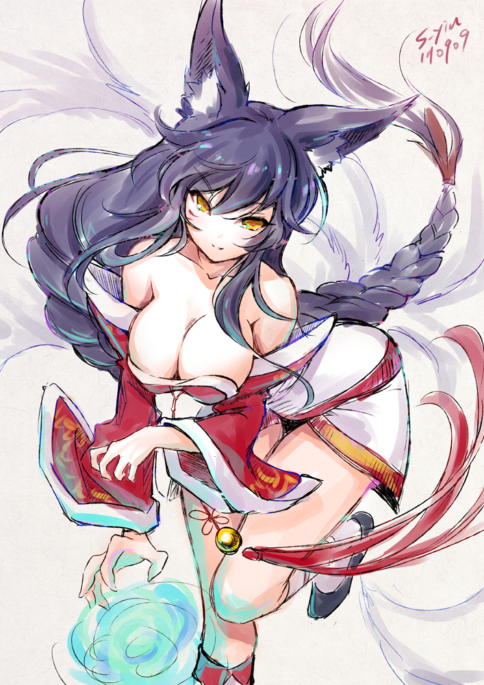 1girl absurdly_long_hair ahri_(league_of_legends) animal_ears artist_name bare_shoulders black_hair braid breasts cleavage dated fox_ears korean_clothes large_breasts league_of_legends leg_up long_hair multiple_tails s-yin sketch solo tail very_long_hair wide_sleeves yellow_eyes