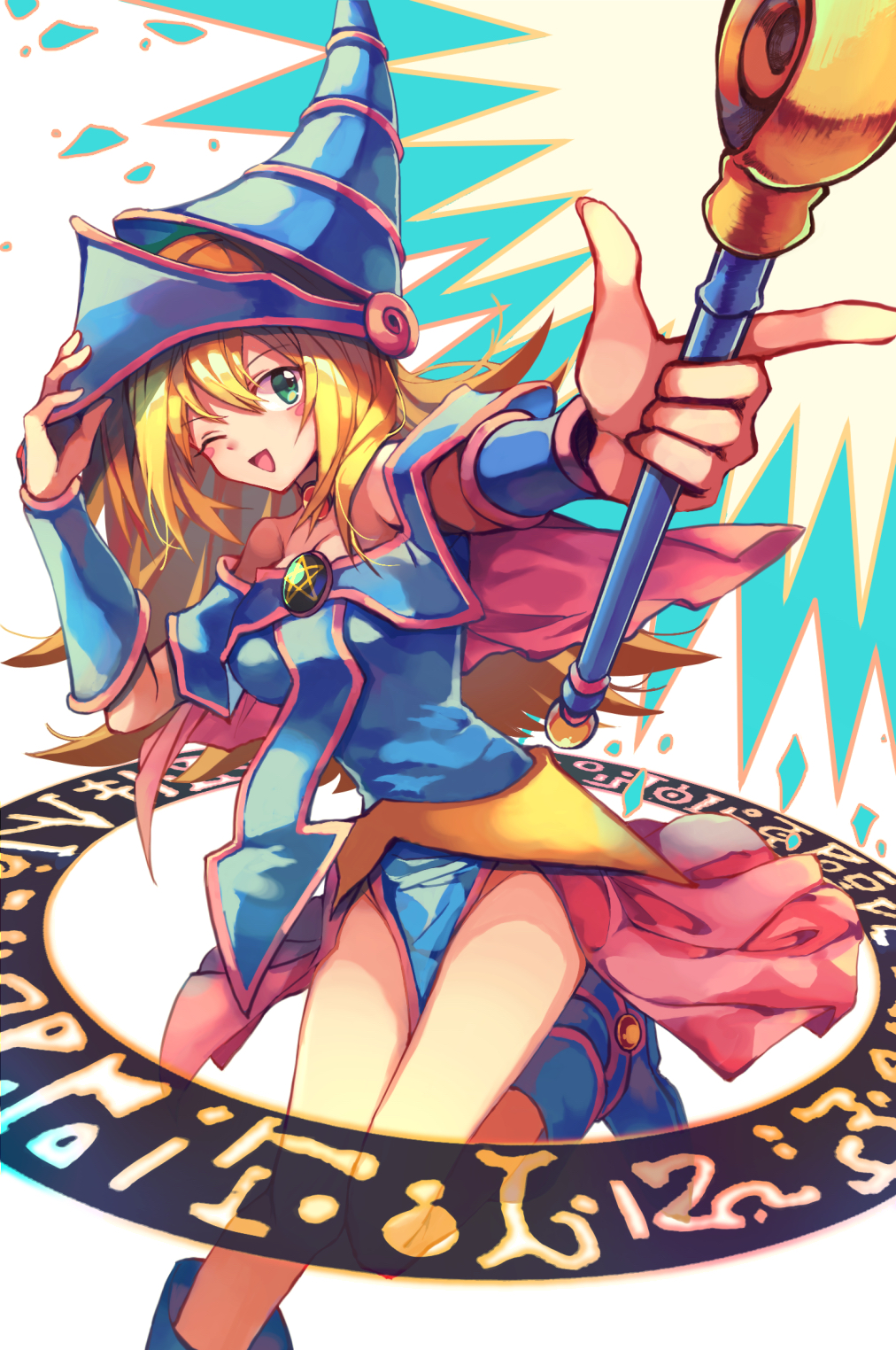 1girl ;d air bare_shoulders blonde_hair blue_footwear blush_stickers breasts choker dark_magical_circle dark_magician_girl duel_monster green_eyes hat highres holding holding_wand large_breasts magic_circle one_eye_closed open_mouth pentacle pentagram smile solo spece_ponta wand wizard_hat yu-gi-oh!