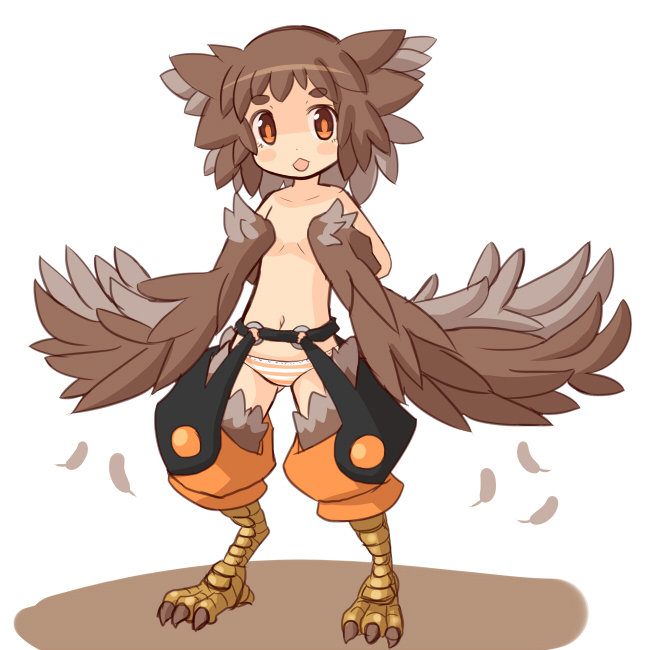 1girl bird_legs blush_stickers brown_feathers brown_hair chestnut_mouth commentary_request eyebrows_visible_through_hair feathered_wings feathers garoudo_(kadouhan'i) harpy monster_girl navel open_mouth orange_eyes orange_panties original panties short_hair solo striped striped_panties talons thick_eyebrows topless underwear winged_arms wings