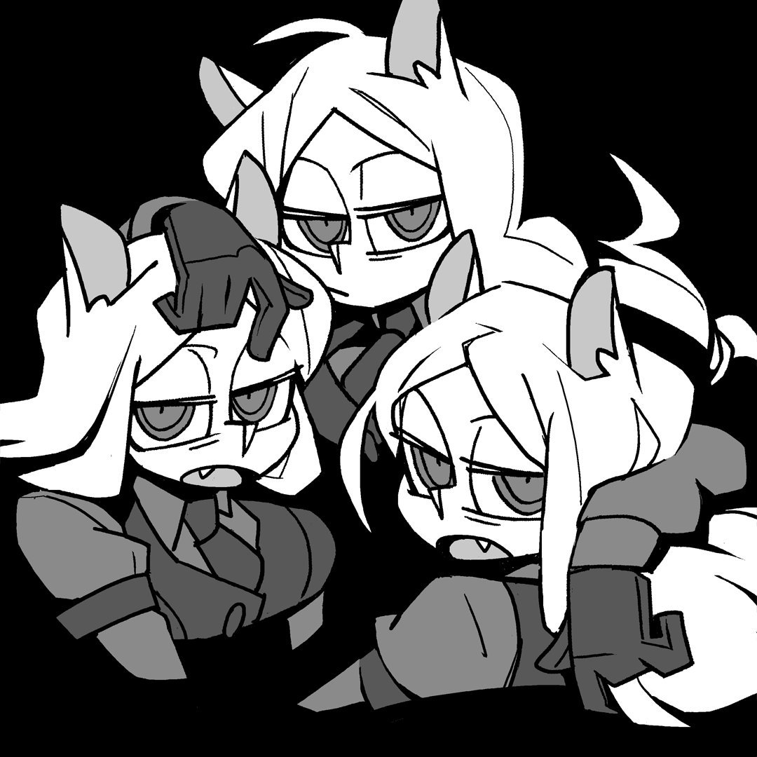 3girls ahoge animal_ears arm_around_shoulder black_background cerberus_(helltaker) closed_mouth collared_shirt cropped_shoulders demon_girl dog_ears fang from_side greyscale hand_on_another's_head helltaker horns long_hair looking_at_viewer looking_to_the_side monochrome monster_girl multiple_girls necktie open_mouth shirt simple_background triplets vanripper