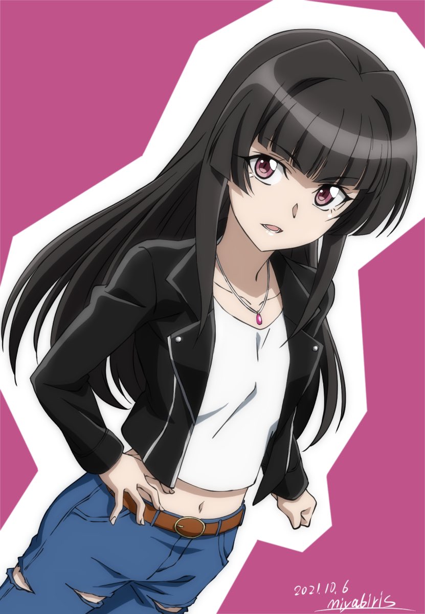 1girl alternate_costume alternate_hairstyle artist_name bangs belt brown_belt clenched_hand collarbone dated denim flat_chest hand_on_hip highres jeans jewelry long_hair looking_at_viewer miyabi_mt-b navel necklace open_mouth pants purple_background purple_eyes senki_zesshou_symphogear shirt solo torn_clothes torn_pants tsukuyomi_shirabe v-shaped_eyebrows white_shirt