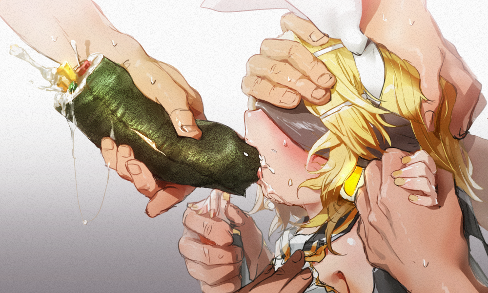 1girl bikkuuri_ottamageruta blindfold blonde_hair cum cum_in_mouth cum_on_food ehoumaki fellatio food hair_ornament hand_on_another's_chest hand_on_another's_head hetero holding_hands kagamine_rin makizushi multiple_boys oral out_of_frame restrained sailor_collar sexually_suggestive simulated_fellatio sushi vocaloid yellow_nails
