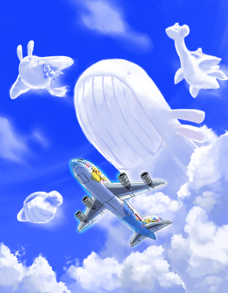 aircraft airplane character_print cloud commentary_request d-nezumi day from_below lapras mantine no_humans outdoors pikachu pokemon remoraid sky turbine wailmer wailord