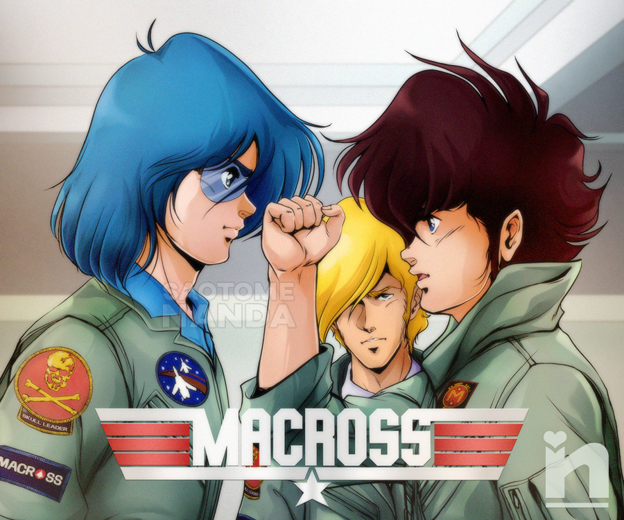 1980s_(style) 3boys artist_name blonde_hair blue_eyes blue_hair blue_shirt brown_hair choujikuu_yousai_macross clenched_hand collared_shirt copyright_name crossover from_side glasses hair_behind_ear hair_over_one_eye ichijou_hikaru logo_parody macross male_focus manly maximilian_jenius multiple_boys one_eye_covered open_mouth parted_lips pete_"maverick"_mitchell pilot_suit retro_artstyle roy_focker saotome_nanda shirt sideburns skull_and_crossbones top_gun watermark