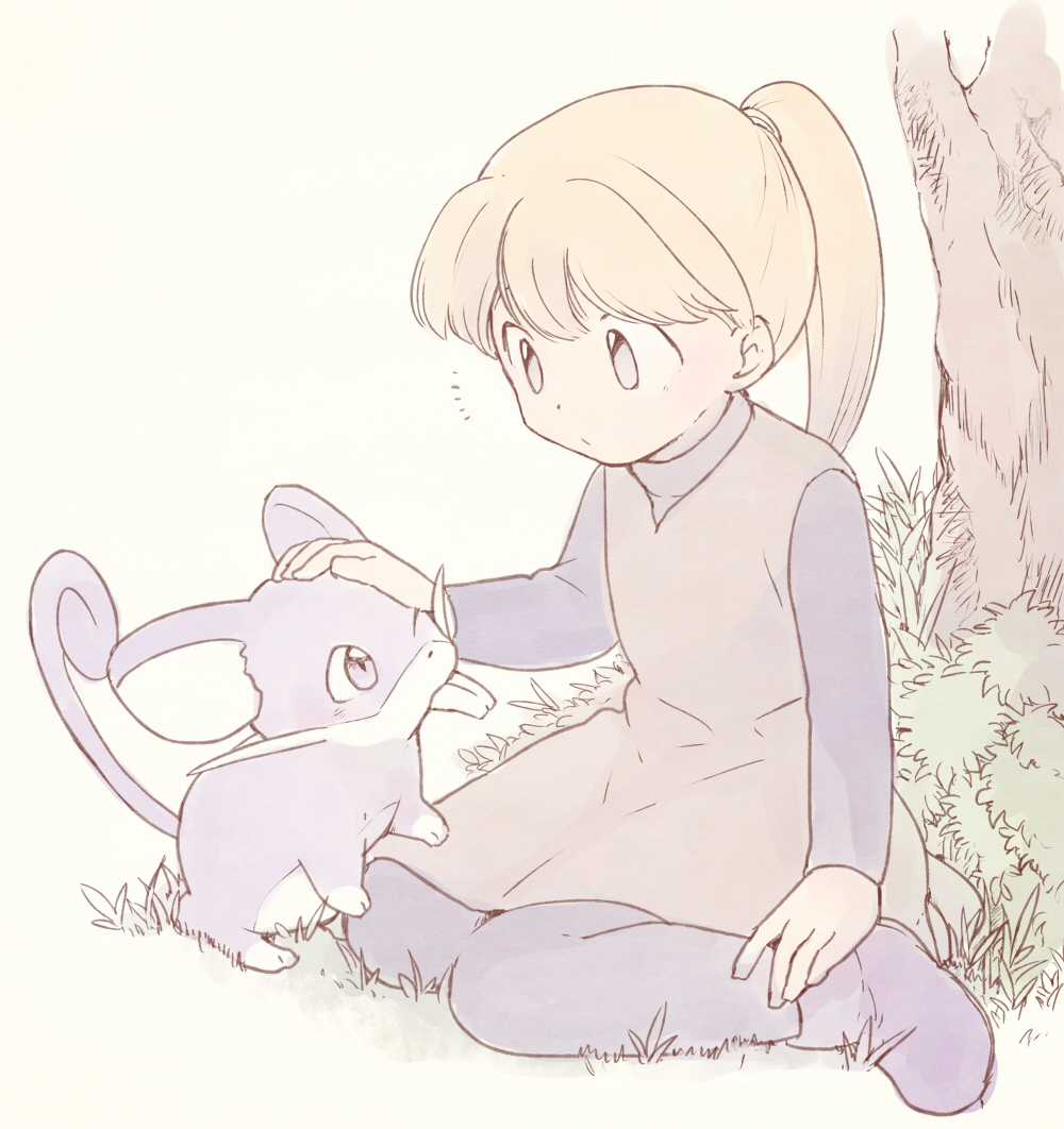 1girl bangs boots closed_mouth commentary_request grey_eyes grey_pants headpat pants pokemon pokemon_(creature) pokemon_adventures ponytail rattata sitting tied_hair tree tunic undershirt white_background yellow_(pokemon) yui_ko